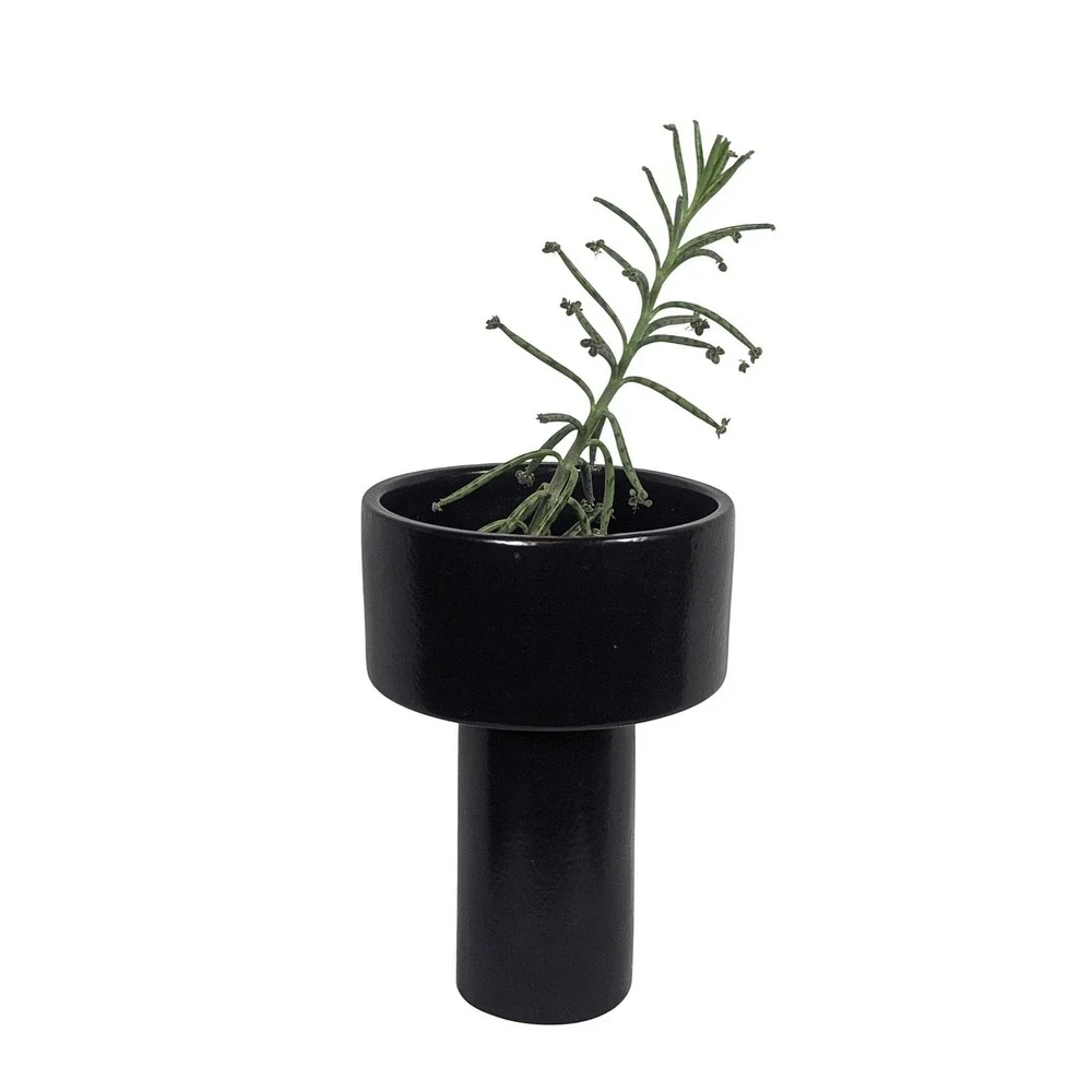Vintage Mid-Century Black‎ Ikebana Pedestal Vase Ceramic Modernist  minimalist